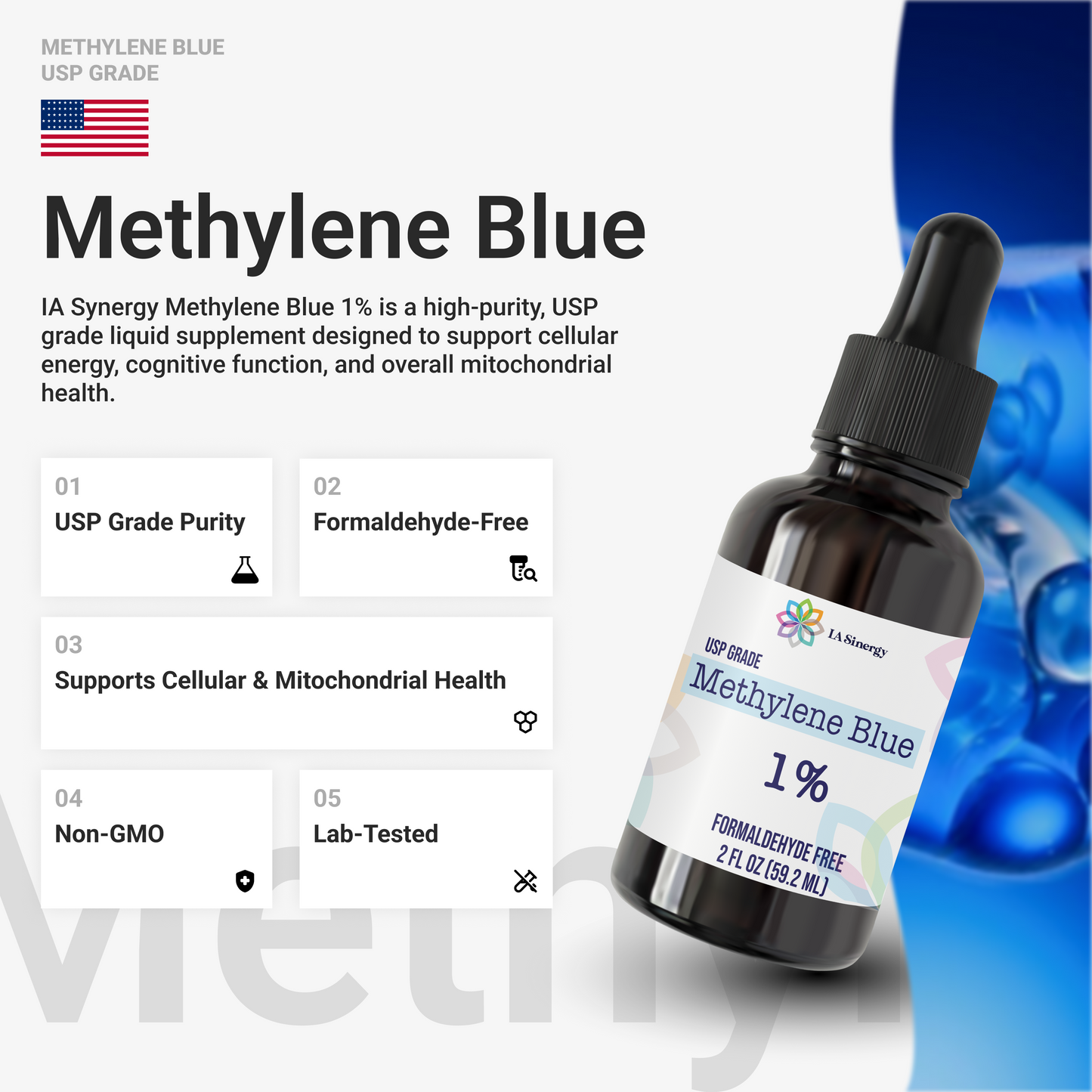Methylene Blue 1% Liquid Drops, Pure Water Solution, Supports Cognitive Vitality and Energy Level (2 fl.oz)