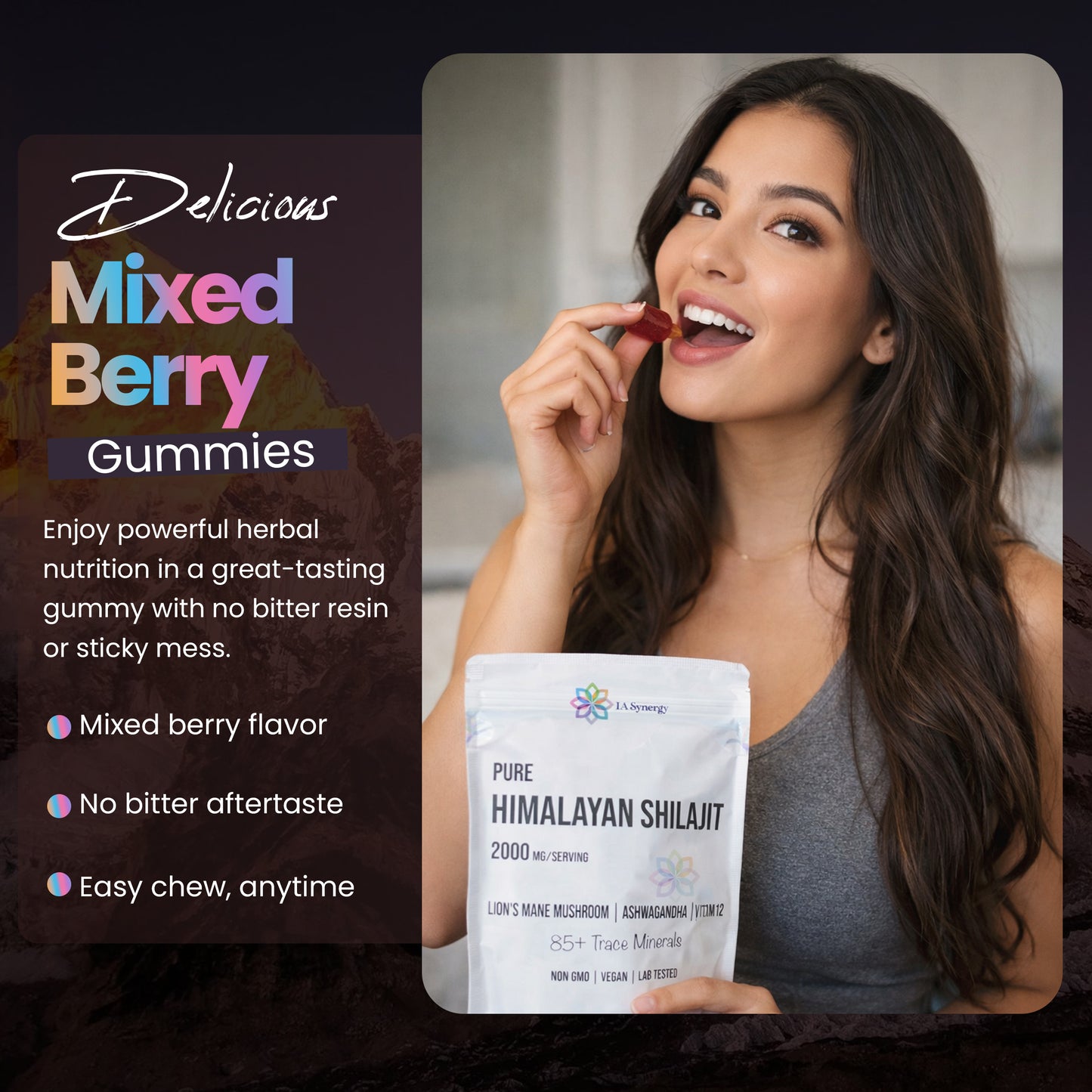 Himalayan Shilajit Gummies with Lion's Mane Mushroom, Ashwagandha, Vitamin D2 & B12 – Natural Dietary Supplement